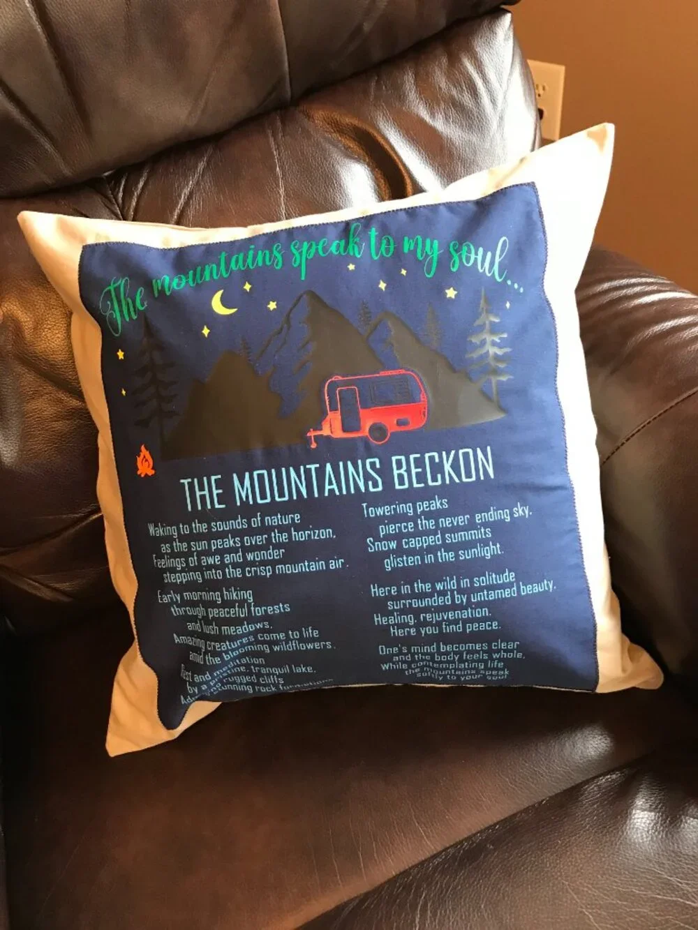 Mountain Camping Pillow Cover, Handmade Vintage Camper Cabin Decor 18 x 18 in.
